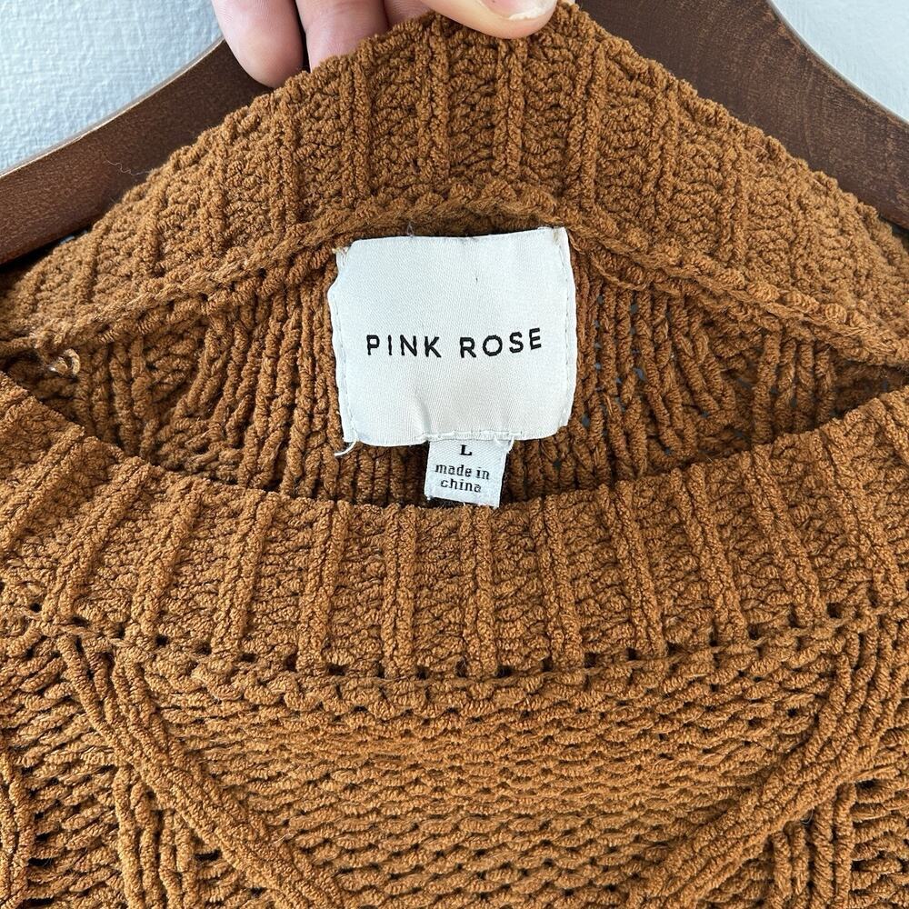 Pink Rose Brown Cable-Knit Pullover Sweater Crew Neck 100% Polyester Size L - Picture 8 of 9